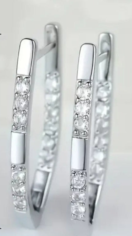 Earrings Silver Dangling V Shape Zirconia Detailed Hoop Clip