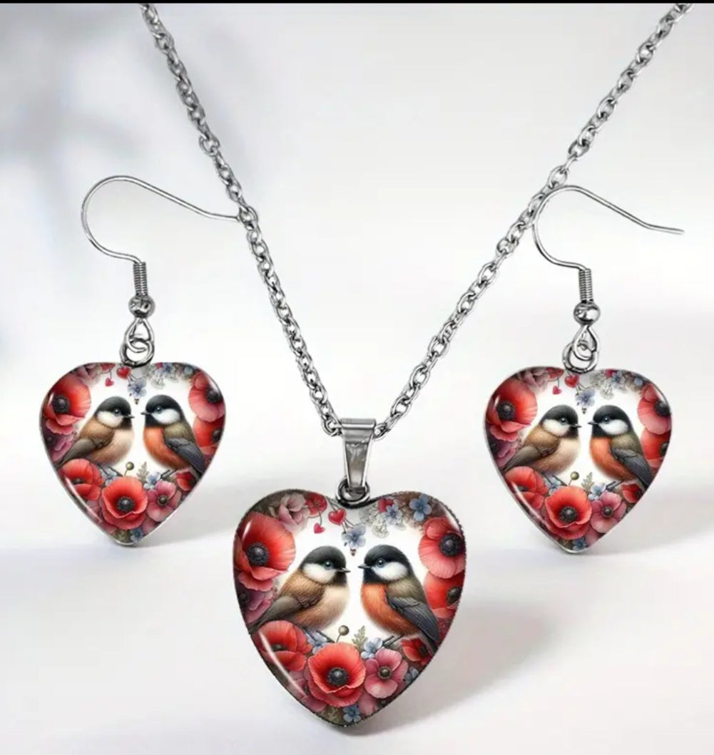 Necklace and Earring Set Titanium Gloss Finish Sparrows and Poppy Flower Red