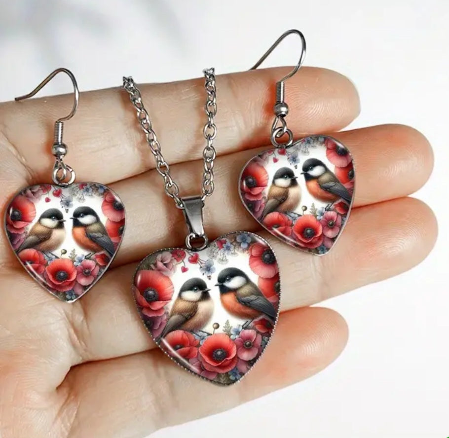 Necklace and Earring Set Titanium Gloss Finish Sparrows and Poppy Flower Red
