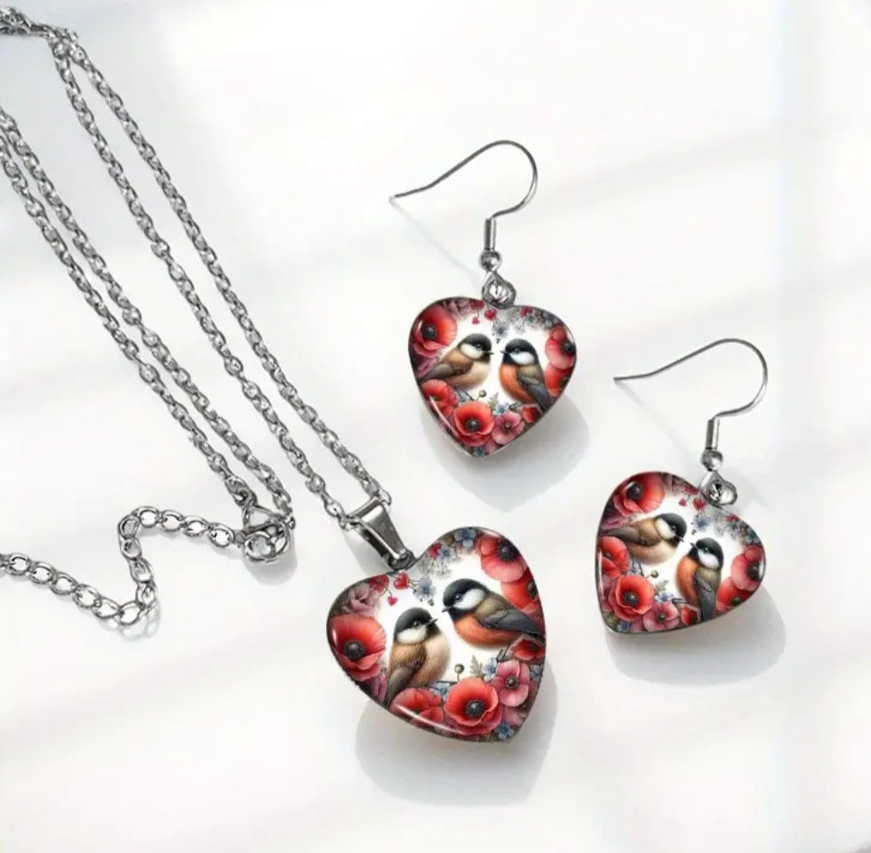 Necklace and Earring Set Titanium Gloss Finish Sparrows and Poppy Flower Red