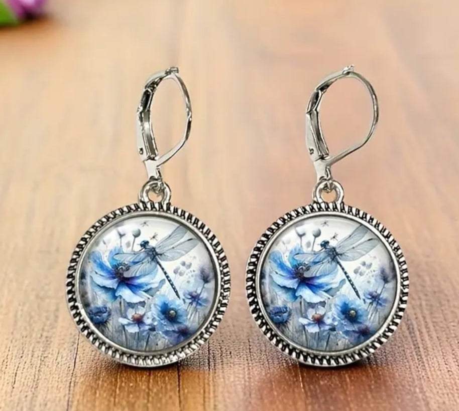Earrings Beautiful Victorian Light Blue Dragonfly and Flower with Gloss Finish Setting