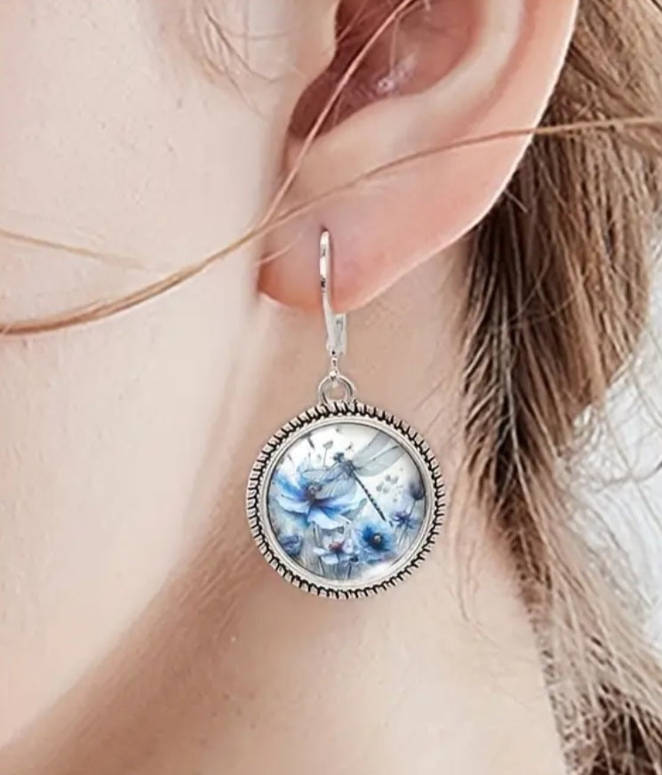 Earrings Beautiful Victorian Light Blue Dragonfly and Flower with Gloss Finish Setting