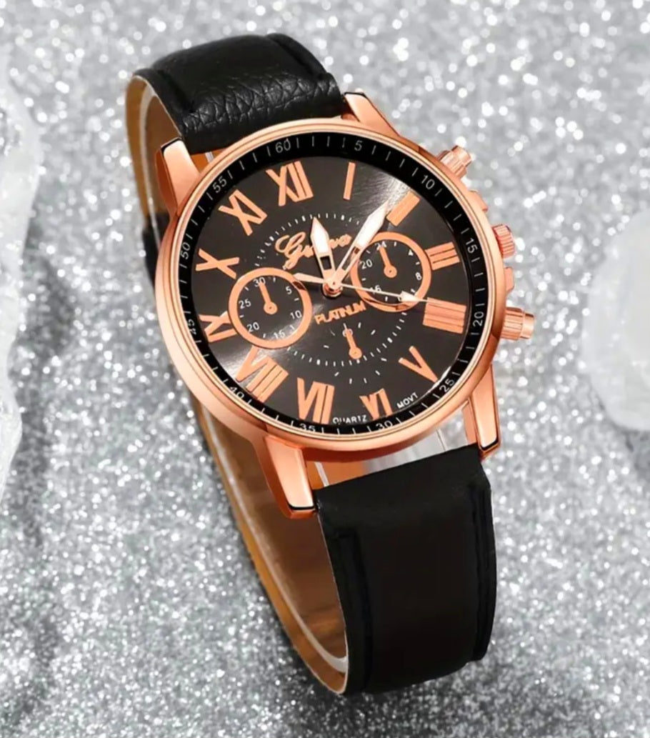 Watches Rose Gold and Black Face Faux Leather Quarts with Adjustable Strap