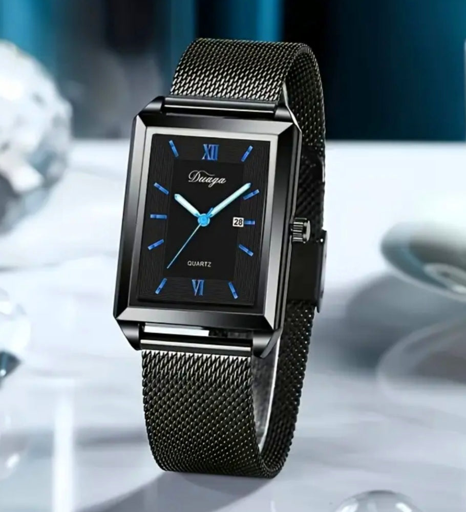 Watches Stunning Black Quartz Stainless Steel Mesh Band with Blue Detailed Face. Adjustable