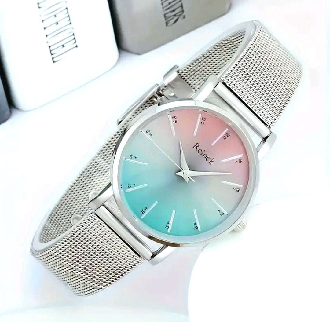 Watches Silver Stainless Steel Mesh Band With Beautiful Light Multicolor Face. Adjustable