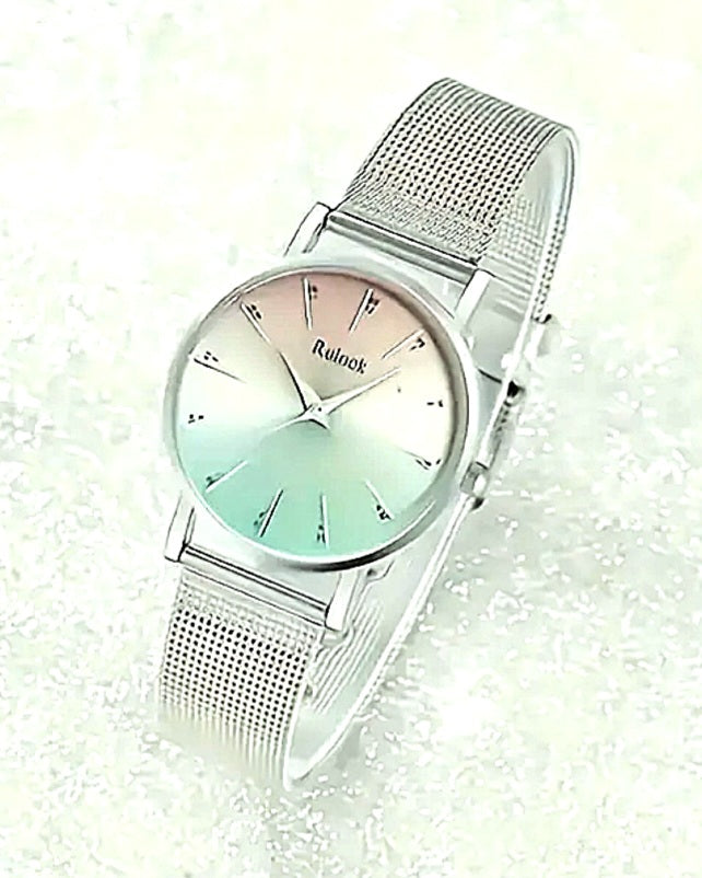 Watches Silver Stainless Steel Mesh Band With Beautiful Light Multicolor Face. Adjustable