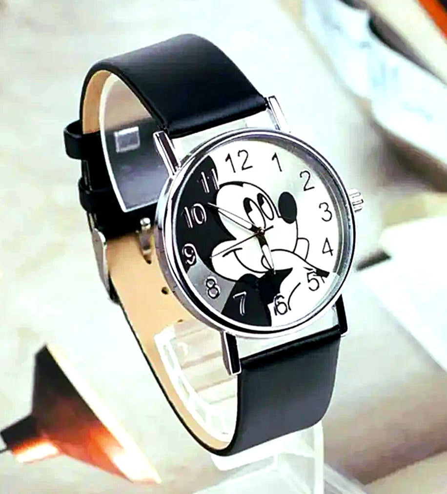 Watches Black and Silver Mickey Quartz with Black adjustable Faux Leather Strap