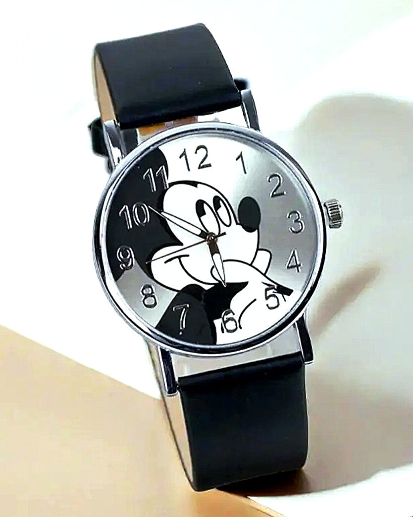Watches Black and Silver Mickey Quartz with Black adjustable Faux Leather Strap