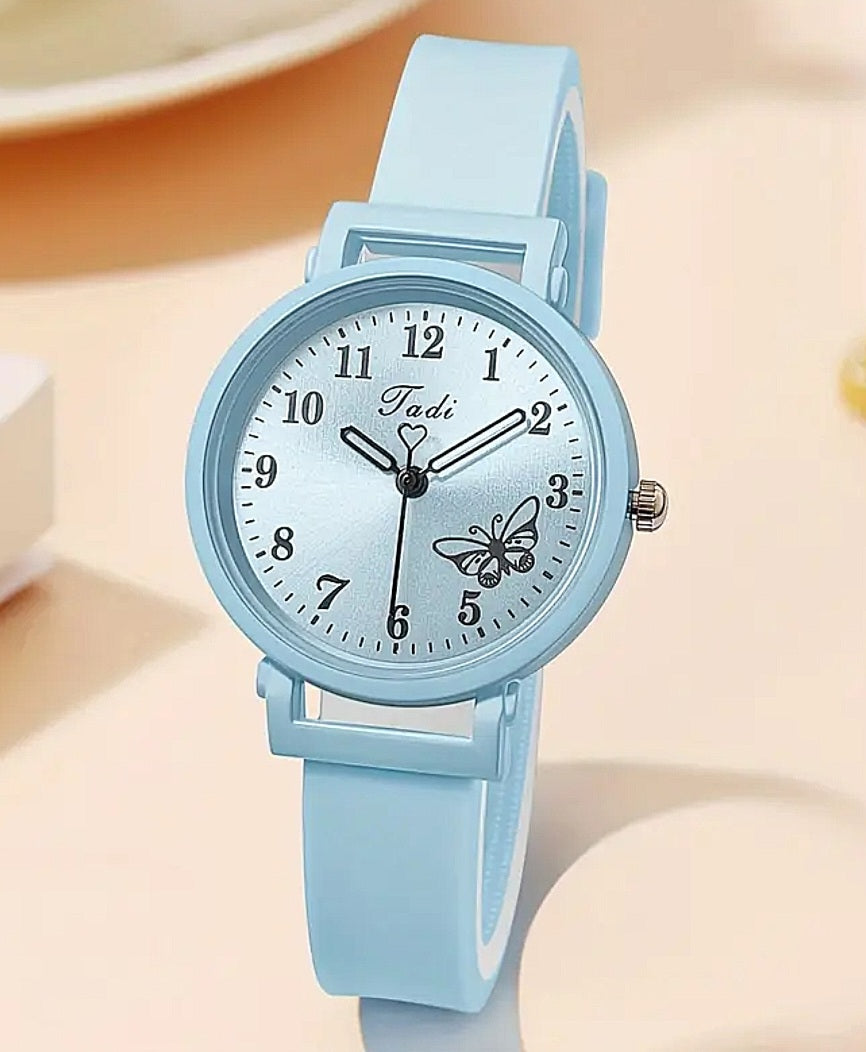 Watches A Stunning Blue Jadi Watch with a Strong Adjustable Silicone Band and Butterfly Detail