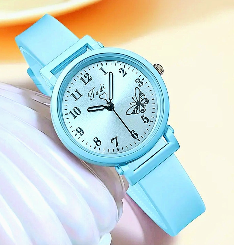 Watches A Stunning Blue Jadi Watch with a Strong Adjustable Silicone Band and Butterfly Detail
