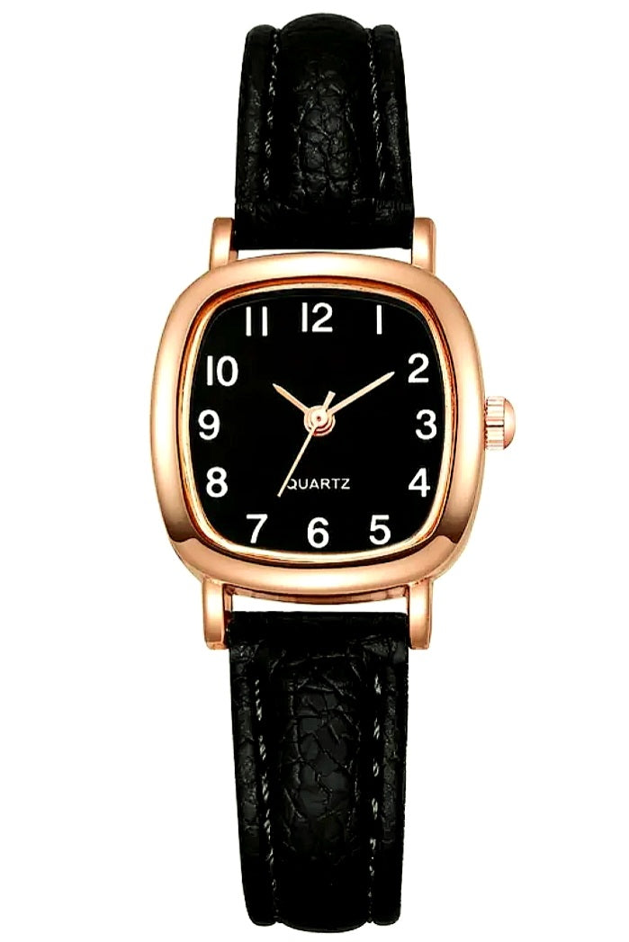 Watches A Small Yet Elegant Black Faux Leather and Rose Gold Square Face Quartz