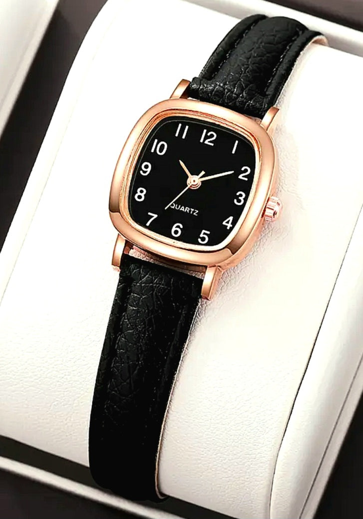 Watches A Small Yet Elegant Black Faux Leather and Rose Gold Square Face Quartz