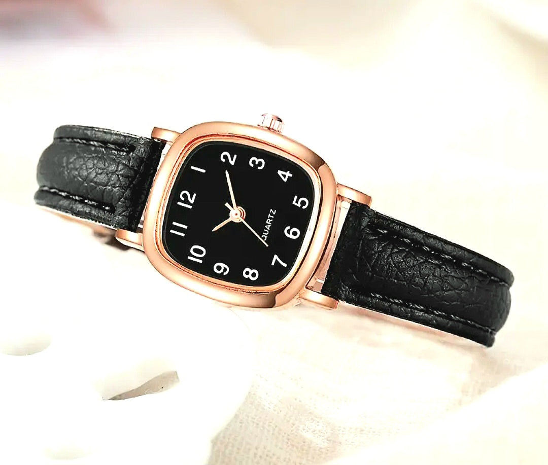 Watches A Small Yet Elegant Black Faux Leather and Rose Gold Square Face Quartz