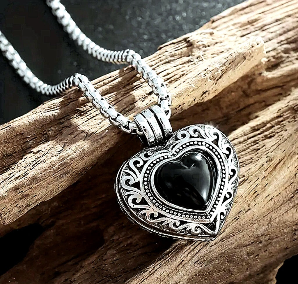Necklace Real Titanium Black Opal Heart Locket Pendant (Tarnish Free)
