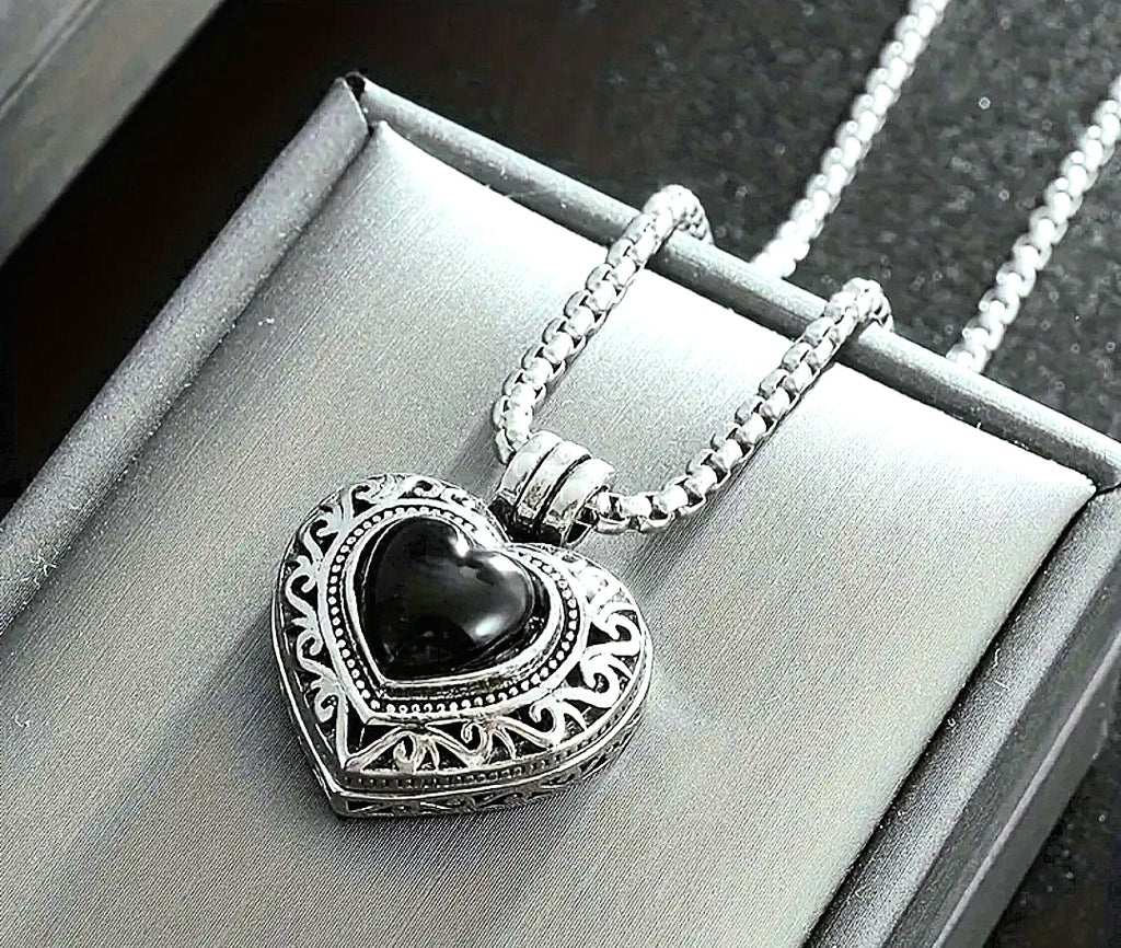 Necklace Real Titanium Black Opal Heart Locket Pendant (Tarnish Free)