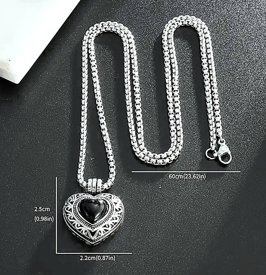 Necklace Real Titanium Black Opal Heart Locket Pendant (Tarnish Free)