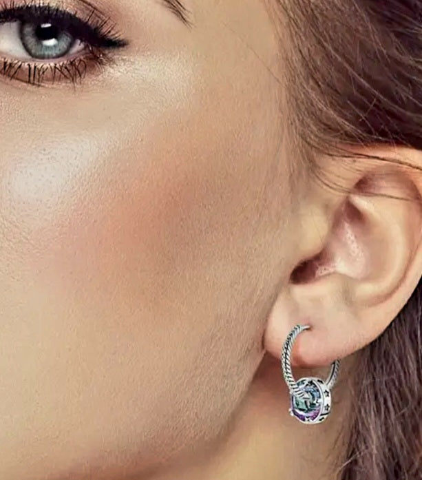 Earrings Multicolor Crystal Snake Bone Silver Hoops