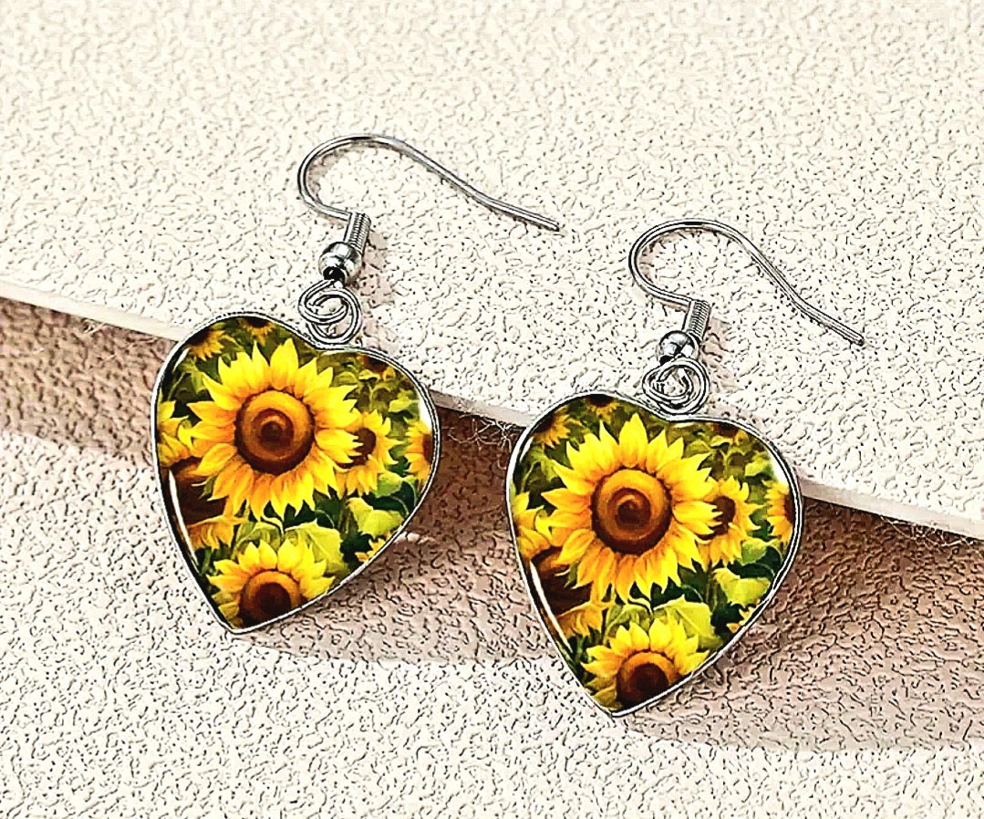 Earrings Sunflower Fields Dangling with Gloss Finish Titanium Tarnish Free