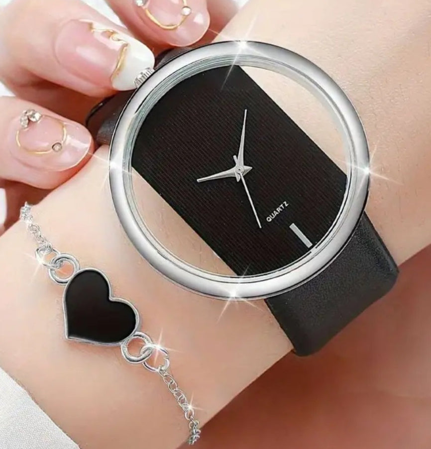 Watches Beautiful Quartz Watches with Matching Silver Heart Bracelets, Faux Leather adjustable design