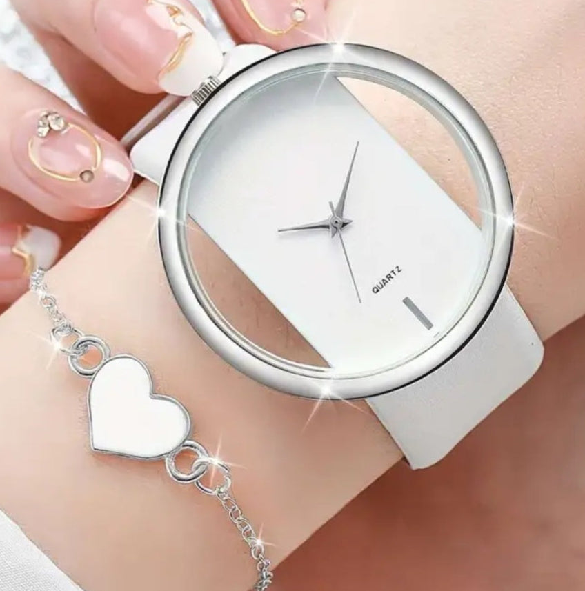 Watches Beautiful Quartz Watches with Matching Silver Heart Bracelets, Faux Leather adjustable design