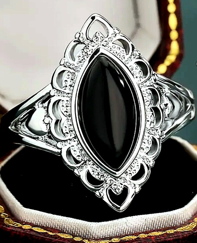 Rings 925 Sterling Silver Black Onyx Bohemian Filigree