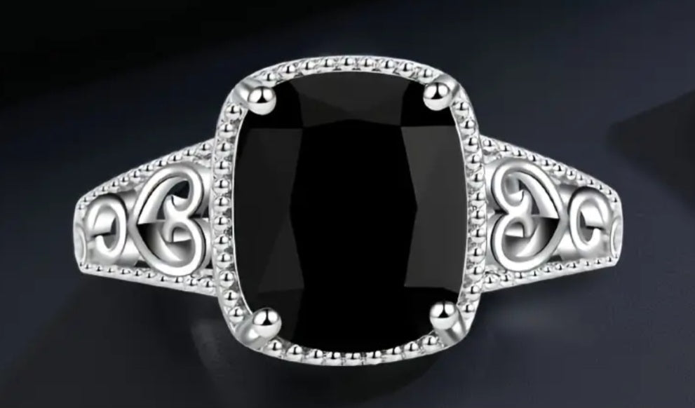 Rings Beautiful Rectangle Black Onyx Zirconia with Beautiful Filigree. 925 Silver Ring