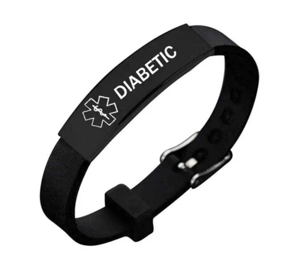 Medical Alert Pure Silicon Bands with Black Stainless Steel Name Plate. Adjustable