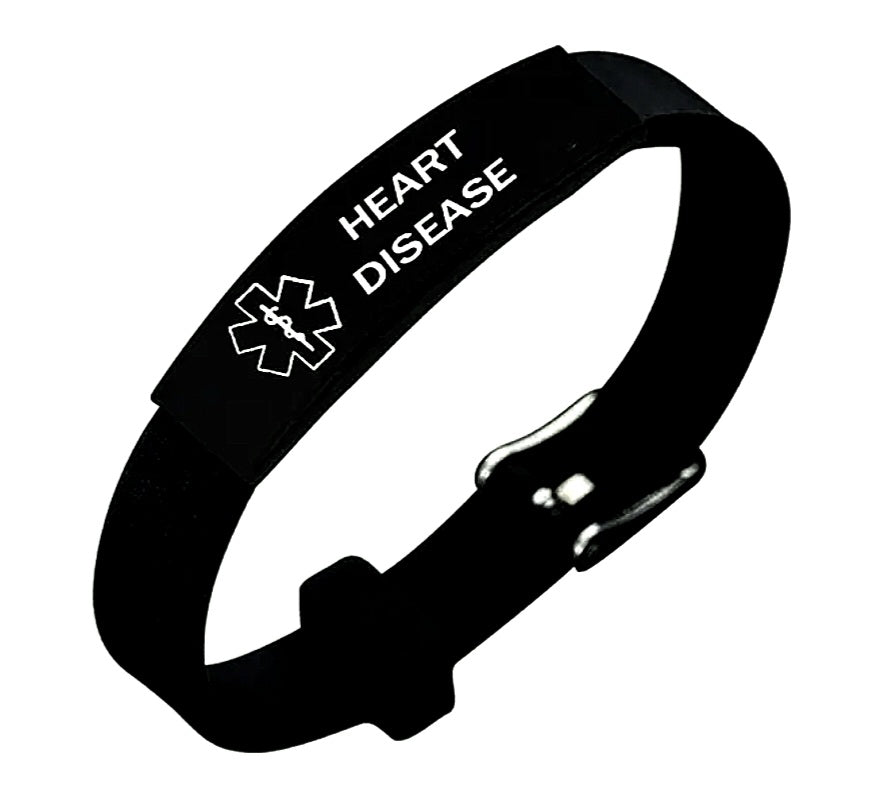 Medical Alert Pure Silicon Bands with Black Stainless Steel Name Plate. Adjustable