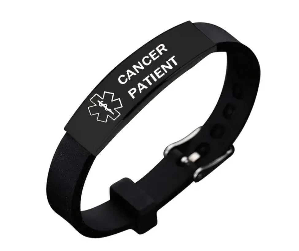Medical Alert Pure Silicon Bands with Black Stainless Steel Name Plate. Adjustable