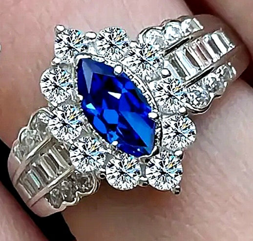 Rings 925 Sterling Silver Marquise Blue Sapphire Zirconia with White Crystals