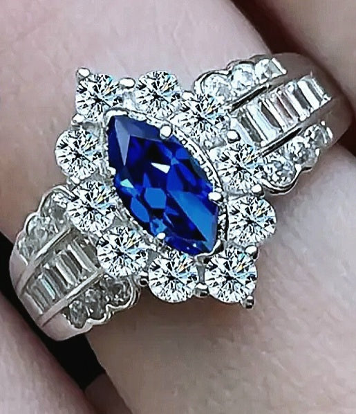 Rings 925 Sterling Silver Marquise Blue Sapphire Zirconia with White Crystals