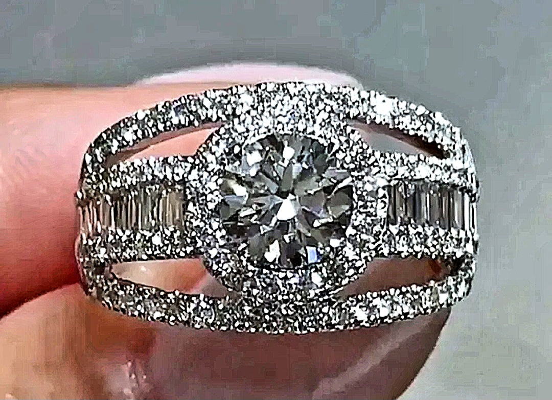 Rings 925 Silver Round Cut Multiple Zirconia's 3 Rows Band Setting.