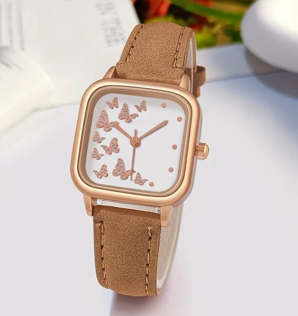 Quartz Faux Leather with Butterfly Details Watches
