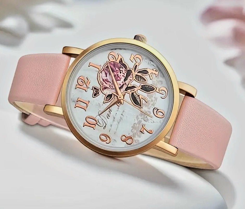 Quartz Faux Leather with Flower Detail Watches
