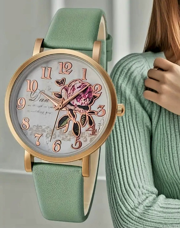 Quartz Faux Leather with Flower Detail Watches