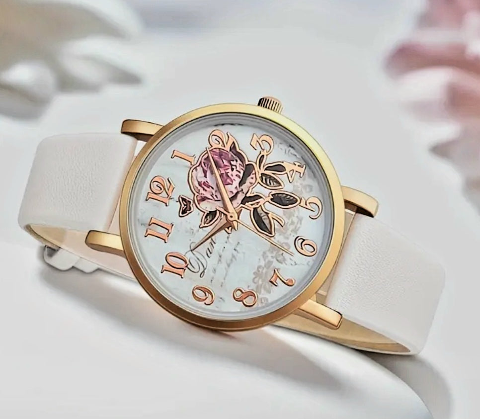 Quartz Faux Leather with Flower Detail Watches