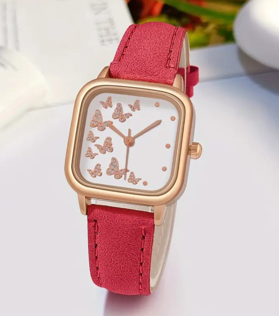 Quartz Faux Leather with Butterfly Details Watches